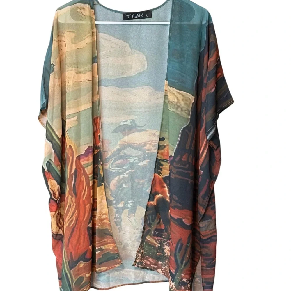 Lucky & Blessed Western Kimono Duster Cowboy Print Sheer Size Small - Picture 3 of 4